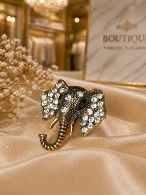Bronze Elephant Crystal Brooch -